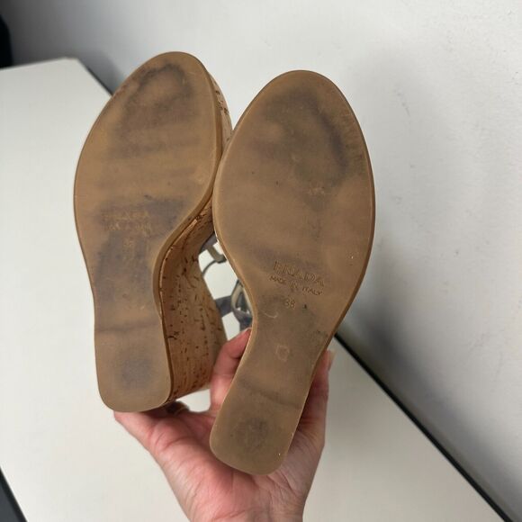 Prada Tie Dye Light Blue Suede Tan Cork Wedge Sandals Ankle Espadrilles 38 - Picture 12 of 13